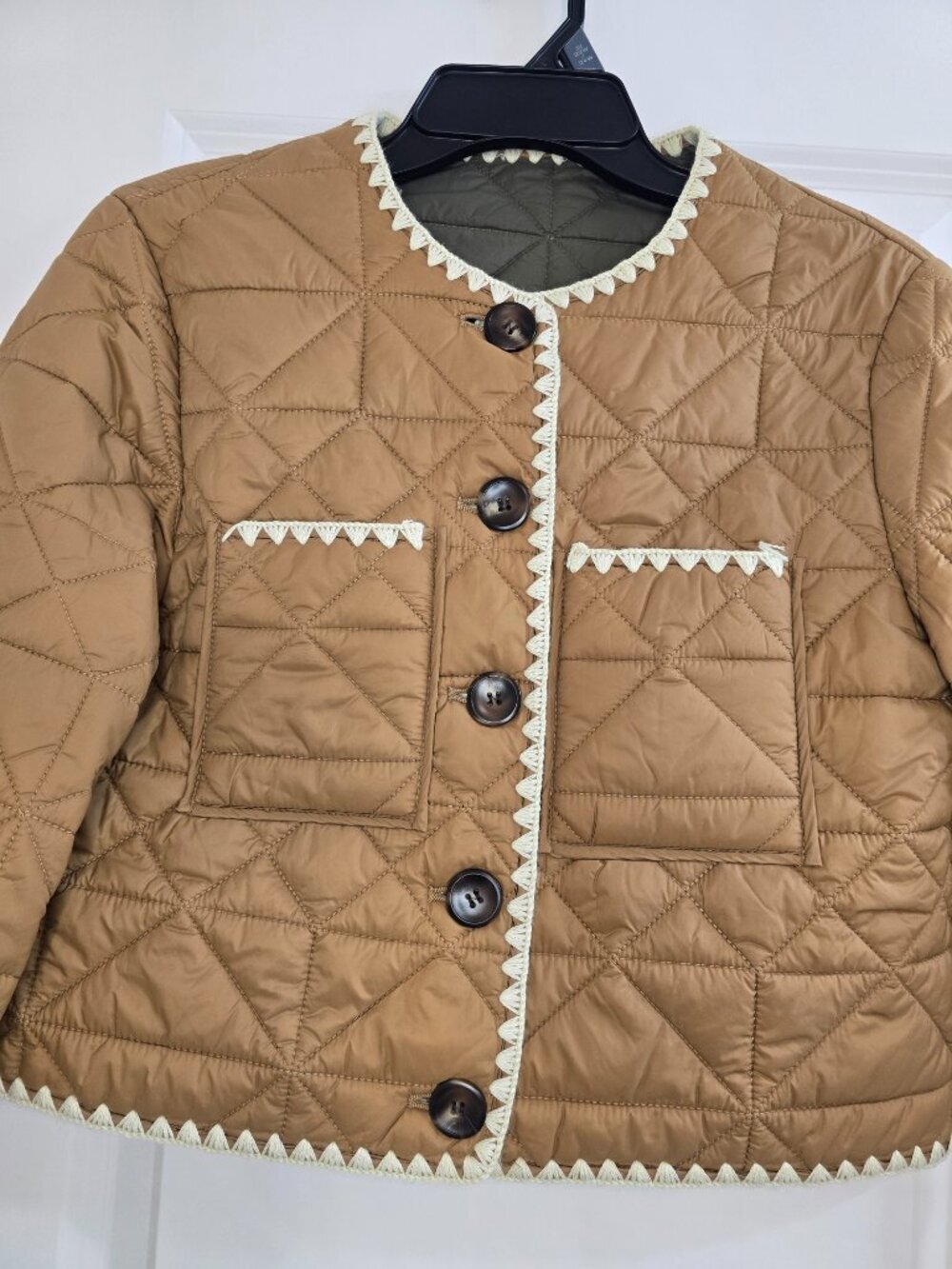 JOIE Whipstitch Quilted Buttoned Reversible Jacket Tan/Green - Picture 3 of 8